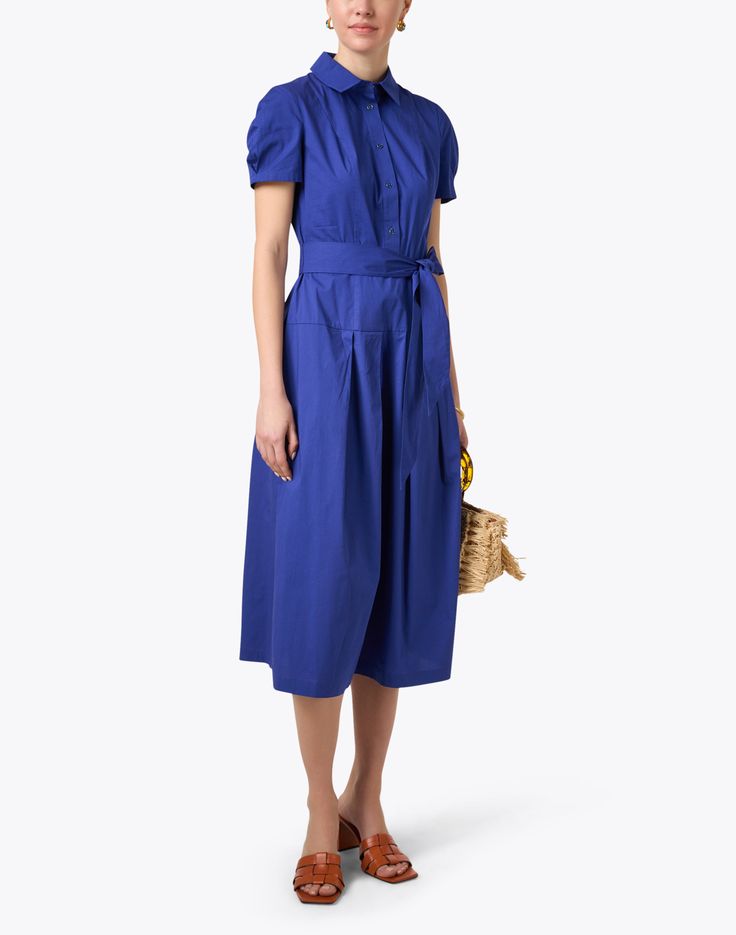 Shoshanna's contemporary yet feminine style comes to life in the Melanie dress. The ladylike take on a shirt silhouette is crafted from 100% cotton and shaped with sweet short puff sleeves, a drop waist, and a self-tie belt for a flattering fit. Pair the cobalt blue hue with netural accessories for a polished new season look. Gingham Shirt Dress, Poplin Shirt Dress, Navy Lace Dress, Blue Shirt Dress, Gingham Shirt, Navy Lace, Printed Shift Dress, Blue Gingham, Poplin Shirt