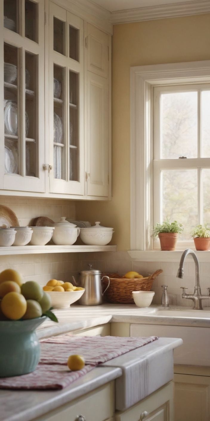 a kitchen filled with lots of counter top space next to a white sink and window