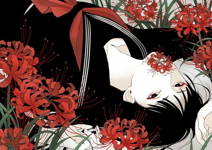 a woman laying in the grass surrounded by red flowers