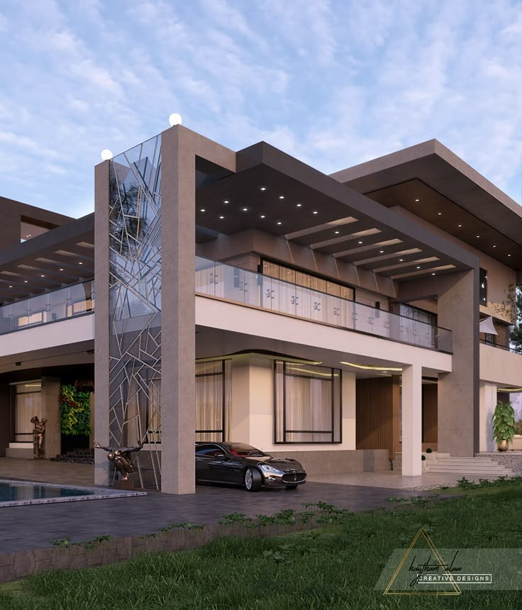 a car is parked in front of a modern house