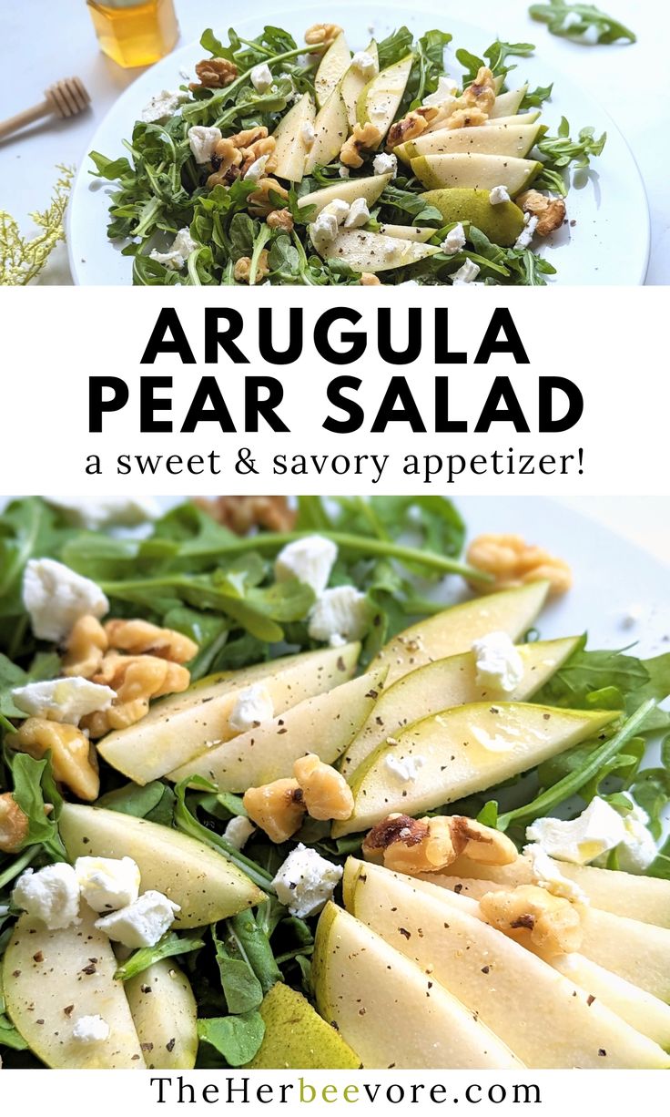 an image of arugula pear salad with goat cheese and walnuts