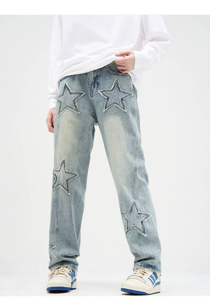 With these Star Patchwork Straight Fit Jeans, you'll be comfortable and stylish all day long. The star patchwork detail adds a bit of fun and personality to these otherwise casual jeans. They'll go great with any top, making them a versatile and valuable addition to your wardrobe. So go ahead and add these jeans to your cart now. You won't regret it.
Gender: MenMaterial: Denim, PolyesterClothing Length: Full LengthClosure Type: Button Fly Casual Denim Bottoms With Star Patch, Trendy Jeans With Star Patch For Streetwear, Trendy Straight Leg Jeans With Star Print, Trendy Straight Leg Star Print Jeans, Spring Medium Wash Jeans With Star Print, Trendy Star Print Jeans, Spring Star Print Medium Wash Jeans, Casual Jeans With Star Patch For Streetwear, Casual Streetwear Jeans With Star Patch