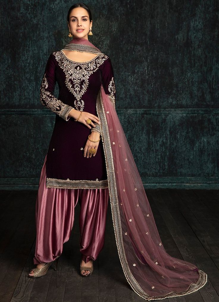 Deep Plum and Rose Velvet Punjabi Suit Velvet Punjabi Suits, Organza Anarkali, Velvet Palazzo, Punjabi Suits Patiala, Gharara Designs, Indian Suits For Women, Sharara Designs, Punjabi Salwar, Punjabi Outfits