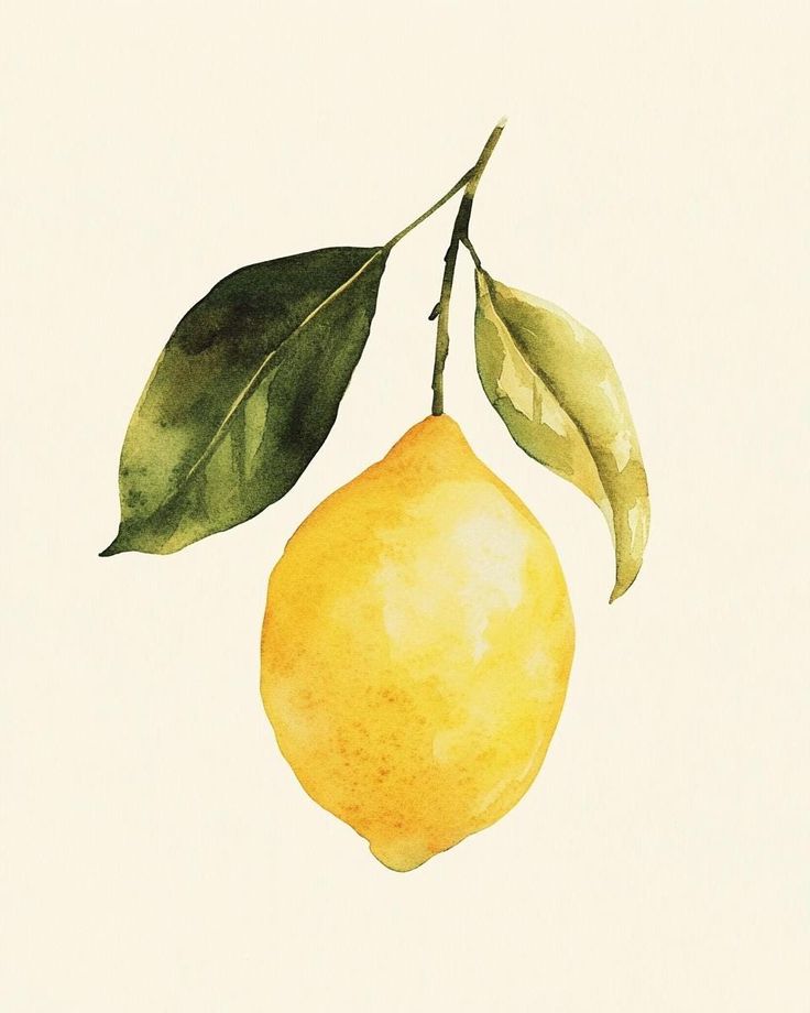 a painting of a lemon hanging from a tree branch