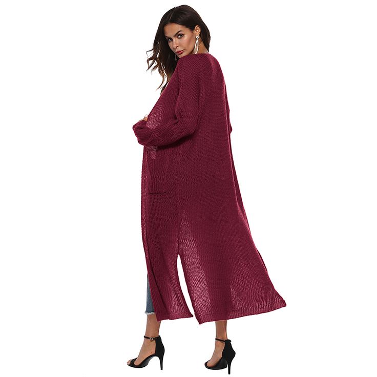 Wine Red Split Long Cardigan with Pockets Oversized Red Long Sleeve Cardigan, Casual Long Red Outerwear, Red Long Sleeve Sweater Coat For Spring, Red Open Front Sweater For Fall, Red V-neck Cardigan With Pockets, Casual Long Red Cardigan, Oversized Red Cardigan For Fall, Fall Oversized Red Cardigan, Red Open Front Cardigan For Fall