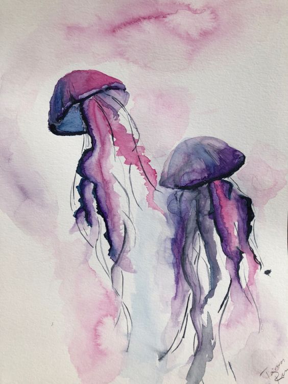 watercolor painting of two jellyfish in purple and pink colors, one with its head turned to the side