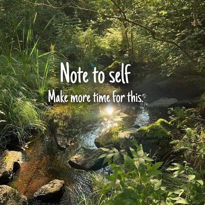 a river surrounded by lush green plants and trees with a quote that reads, note to self make more time for this