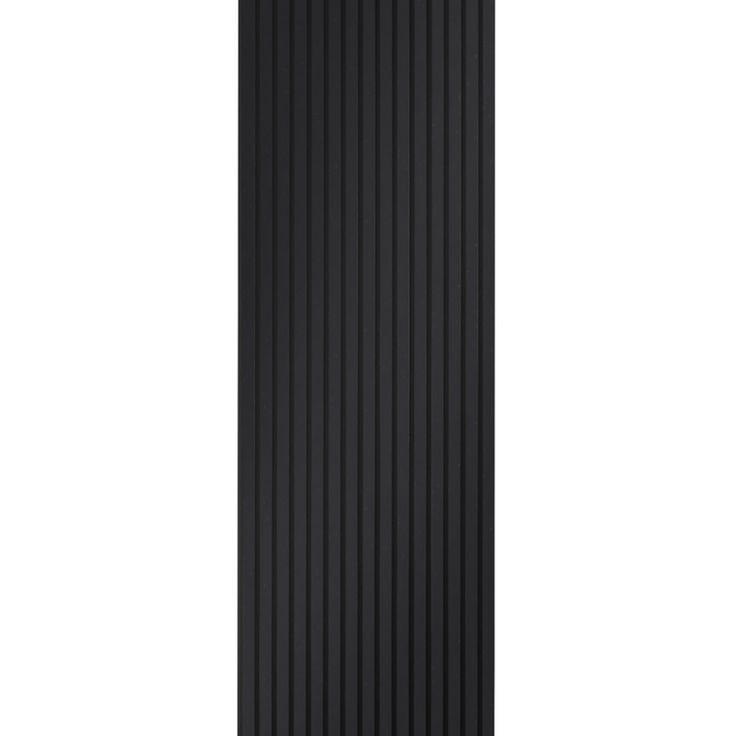 a black vertical paneled radiator on a white background, with horizontal stripes