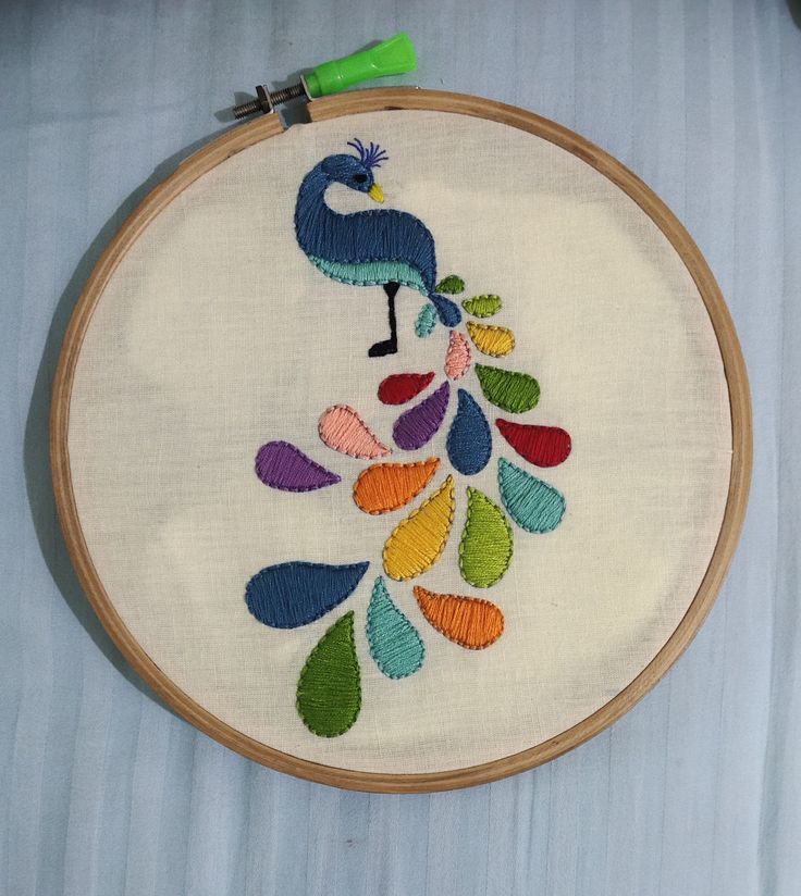 a colorful embroidered peacock on a white background