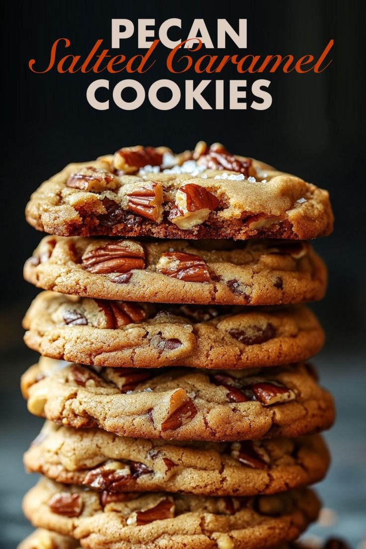 A tall stack of pecan salted caramel cookies, golden brown with large pecan pieces embedded on top. The cookies have a chewy texture with melted caramel peeking through, topped with a sprinkle of sea salt. Caramel Sea Salt Chip Cookies, Salted Caramel Pecan Chocolate Chip Cookies, Sweet And Salty Cookies, Bakeoff Ideas, Salted Chocolate Chip Cookies Recipes, Homestead Baking, Business Cookies, Pecan Pie Cookies Recipe, Caramel Pecan Cookies