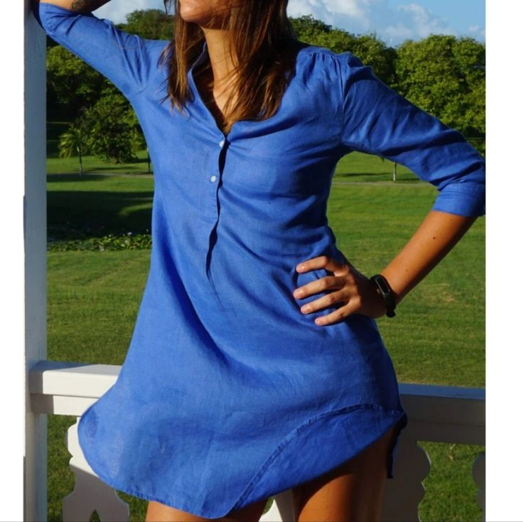 Brand New With Tags Blue Shirt Dress For Spring Beach Outing, Light Blue Shirt Dress For Spring Beach Outing, Light Blue Shirt Dress For Spring Beach, Light Blue Shirt Dress For Beach In Spring, Light Blue Shirt Dress For Summer Beach, Blue Linen Mini Dress For Vacation, Blue Summer Shirt Dress For Vacation, Summer Blue Shirt Dress For Daywear, Chic Blue Linen Mini Dress