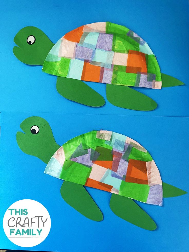 two paper plates made to look like turtles on a blue background with the words this crafty family