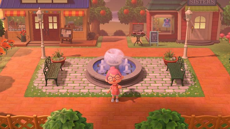 an animal crossing game with a person standing in front of a fountain and some buildings