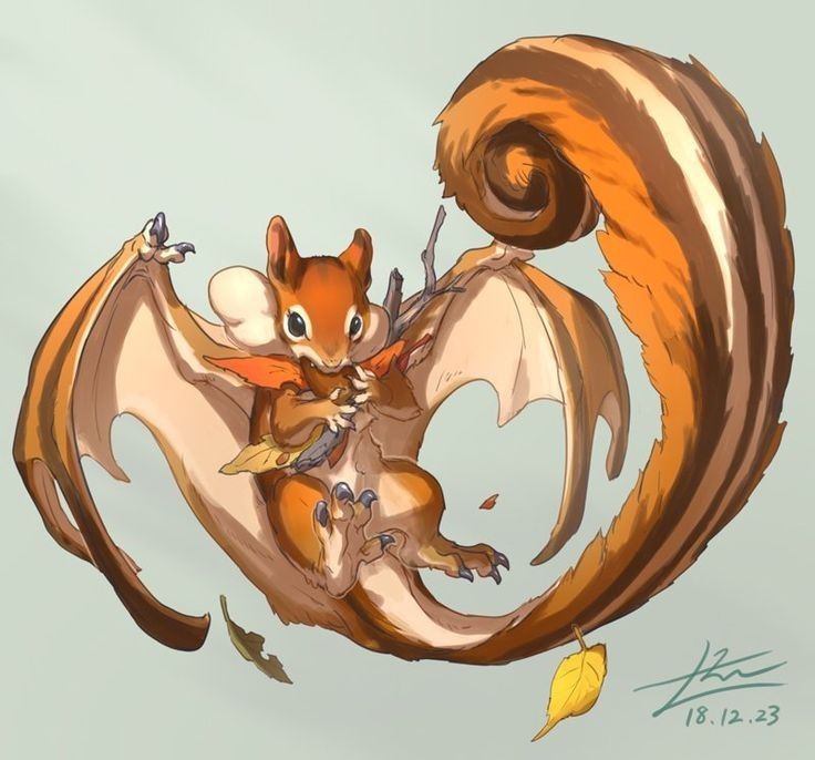 a drawing of a squirrel flying through the air with its tail curled up and wings spread out