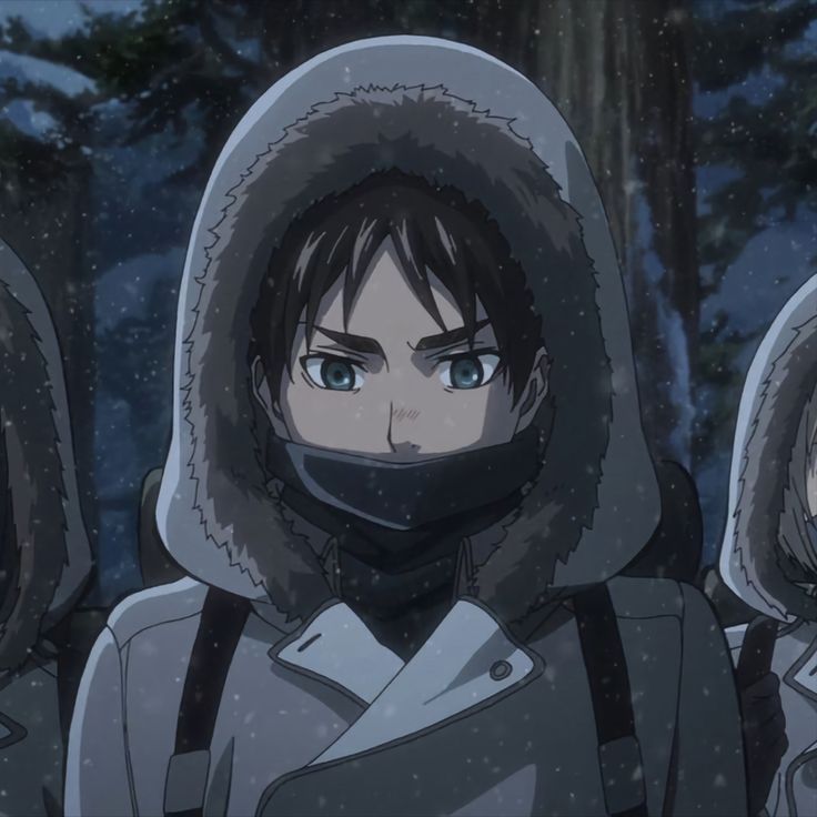 three anime characters wearing hooded clothing and hoods in front of snow covered trees with blue eyes