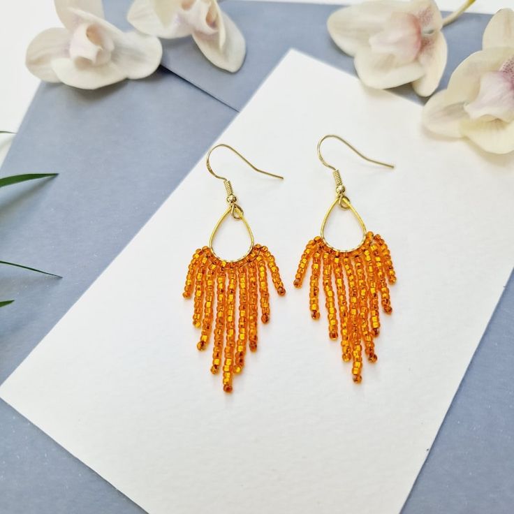 Long Dangle Beaded Earrings, Seed Bead Earrings, Fringe Earrings, Chandelier Earrings, Orange and Gold Earrings, Birthday Gift for Her - Etsy Gold Beaded Earrings With Dangling Beads As Gift, Gold Beaded Earrings With Faceted Beads For Gifts, Gold Beaded Dangling Earrings As Gift, Gold Beaded Chandelier Earrings For Gift, Gold Beaded Dangle Earrings For Gifts, Gold Beaded Fringe Dangle Earrings, Gold Beads Teardrop Earrings For Party, Gold Beaded Dangle Chandelier Earrings, Gold Beaded Earrings With Faceted Beads For Party