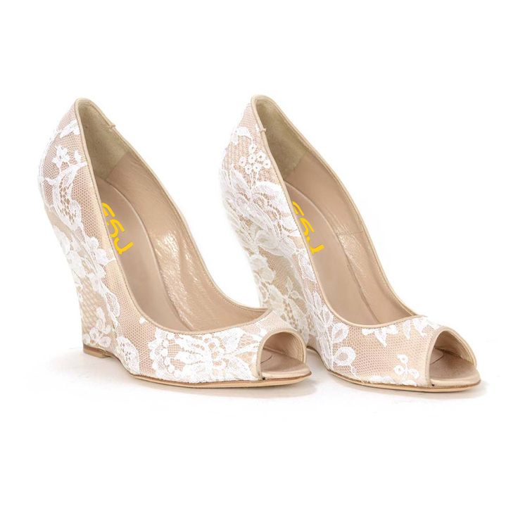 Step into elegance with these nude lace wedding wedge pumps. Featuring an elegant peep toe design, these bridal shoes are the perfect blend of style and comfort. Handcrafted US sizing. Fits true to size. Heel Height: 4.72" / 120 mm approx Product measurements were taken using size 8. Please note that measurements may vary by size. Peep Toe Wedding Shoes, Wedding Wedges, Bridal Heels, Lace Heels, Boot Jewelry, Wedge Pumps, Heels Pumps, Toe Designs, Handmade Shoes