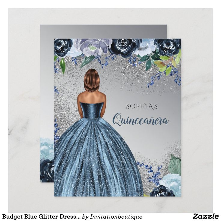 a blue dress with roses on it and the words quinceaura written in spanish