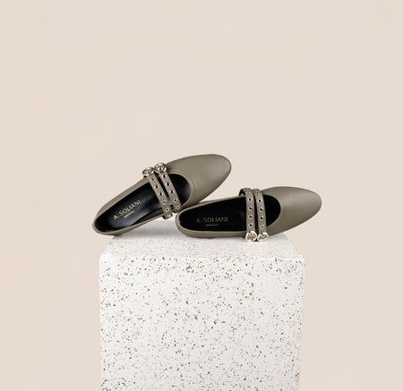 Como 2 buckle Taupe Italian Leather Ballet Flats | A. Soliani Italian Leather Shoes, Leather Ballet Flats, Ballerina Flats, Rubber Heels, Nappa Leather, Stacked Heel, Italian Leather, Classic Looks, Gold Hardware