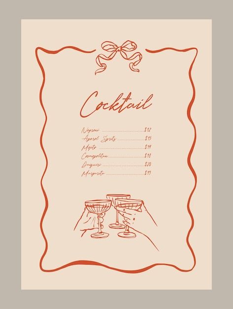 a menu with two glasses of wine on it and the word cocktail written in cursive writing