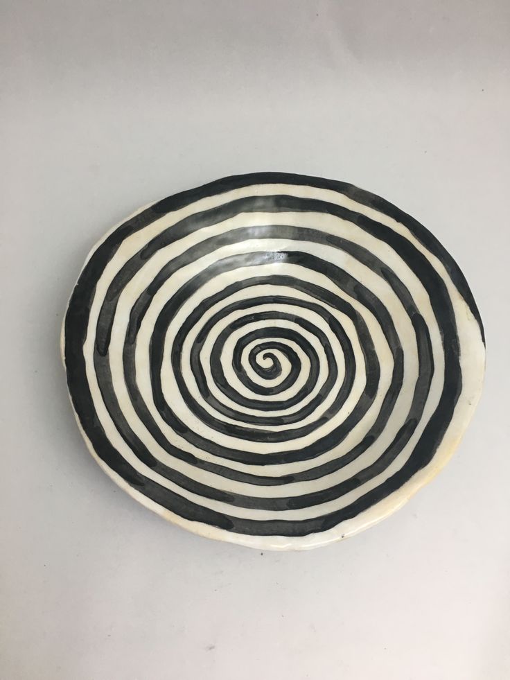 a black and white plate with spiral designs on it