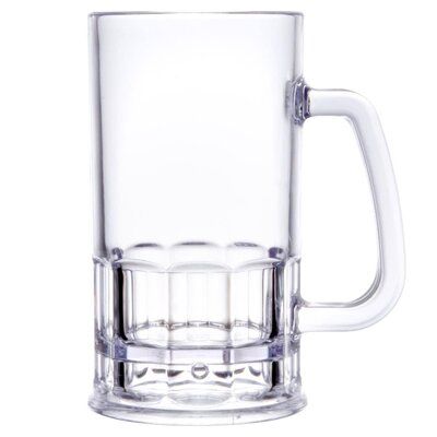 a large glass mug is shown on a white background and has a handle to hold it