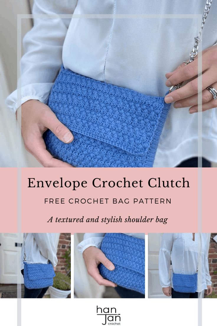 the envelope crochet clutch bag pattern is shown in three different pictures, and it has