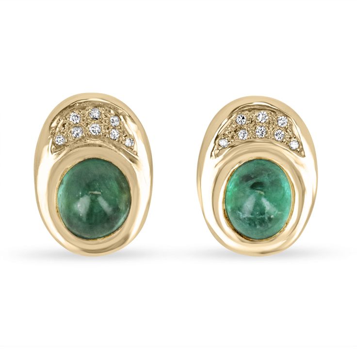 An exquisite pair of emerald cabochon and diamond clip-on earrings. Two large, natural cabochon-cut emeralds are bezel set; displaying a gorgeous mossy green color and good clarity. Accenting the center gems, are eight brilliant round cut diamonds at the top of each pair. Crafted and set in 14K yellow gold.   If you would like to add posts to the earrings, please message us for more information.  Setting Style: Bezel/Pave Setting Material: 14K Yellow Gold Setting Weight: 10.3 Grams Main Stone: E Formal Yellow Gold Oval Diamond Earrings, Formal Fine Jewelry Gemstone Cabochons, Yellow Gold Diamond Cabochons Fine Jewelry, Luxury Cabochon Clip-on Earrings For Formal Occasions, Oval Diamond Cabochons For Formal Occasions, Fine Jewelry Yellow Gold Cabochons For Formal Occasions, Yellow Gold Oval Diamond Earrings For Formal Events, Classic Cabochon Clip-on Earrings For Formal Occasions, Formal Oval Yellow Gold Diamond Earrings