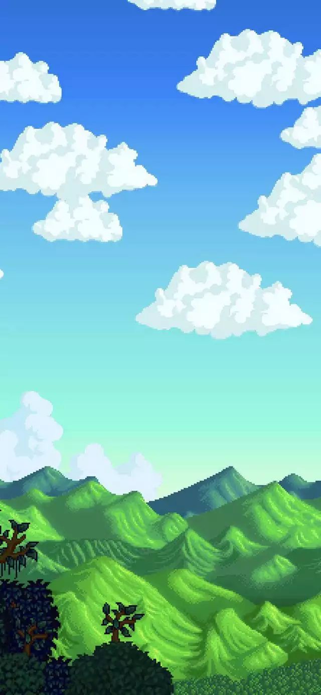 an animated landscape with mountains, trees and clouds