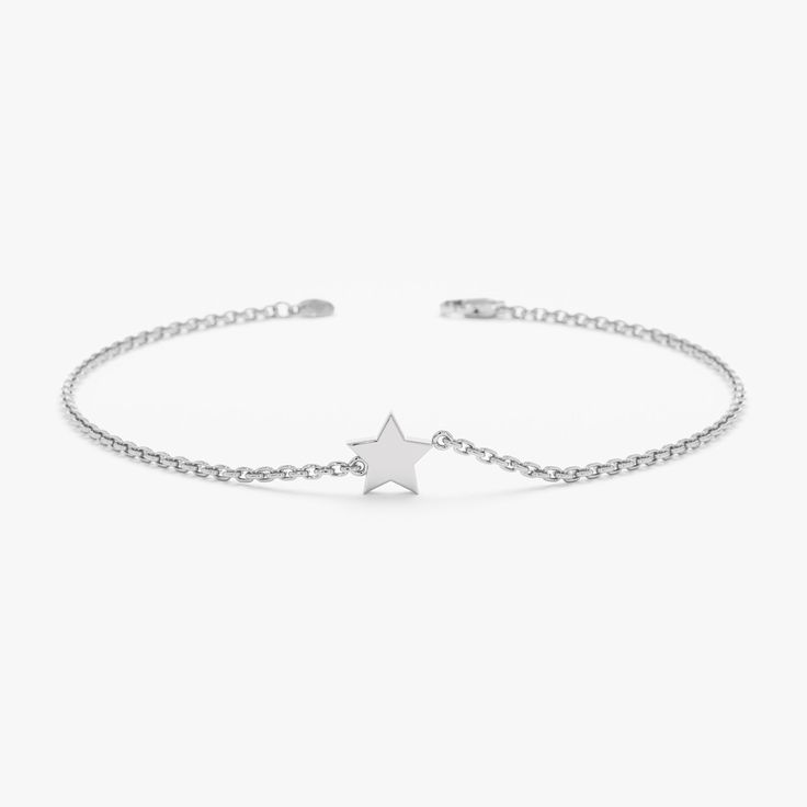 White Gold Star Bracelet Elegant Sterling Silver Star Charm Jewelry, Elegant Sterling Silver Star Bracelet, 14k Gold Dainty Bracelet With Star Charm, Dainty 14k Gold Bracelet With Star Charm, Adjustable Celestial Bracelets With Star Charm, Elegant Sterling Silver Bracelets With Star Charm, Elegant 14k Gold Jewelry With Star Charm, Elegant Yellow Gold Star Bracelet, Elegant Adjustable Chain Bracelet With Star Charm