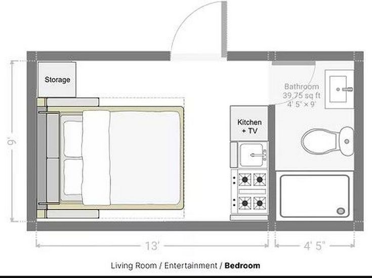 the floor plan for a small apartment with an attached bathroom and living room, including a kitchen