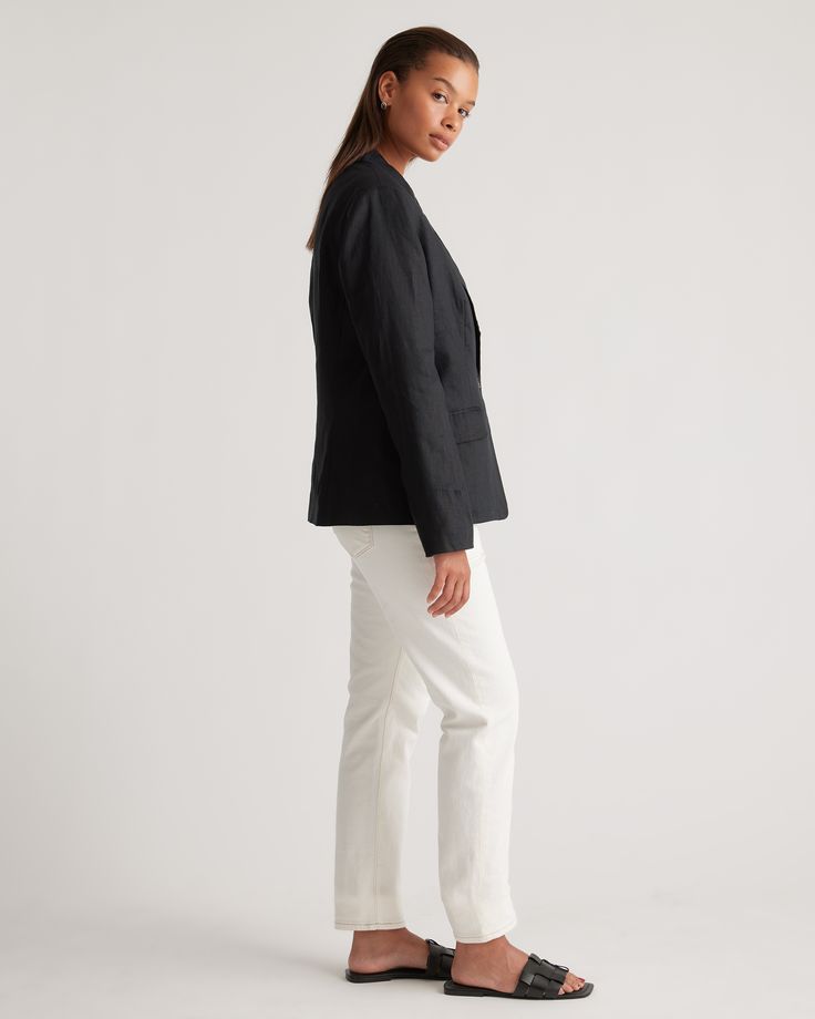 With its crisp tailoring and quietly luxurious fabric, our 100% European Linen Structured Blazer is the layer that instantly pulls your look together. Designed with a notched lapel, single-button closure, and functional pockets, this timeless style makes everything else you're wearing look that much more polished. Crafted from premium-quality European linen and fully lined in cotton, it's equally lightweight and durable, and ideal for year-round wear. For a more casual look, check out our 100% E Elegant Tailored Blazer For Business Casual, Elegant Tailored Business Casual Blazer, Tailored Blazer For Business Casual, Chic Business Suits With Notch Lapel, Chic Business Suits With Hidden Button Closure, Classic Structured Formal Blazer, Chic Tailored Blazer For Work, Single Button Tuxedo Suit For Work, Elegant Suits With Concealed Placket For Workwear