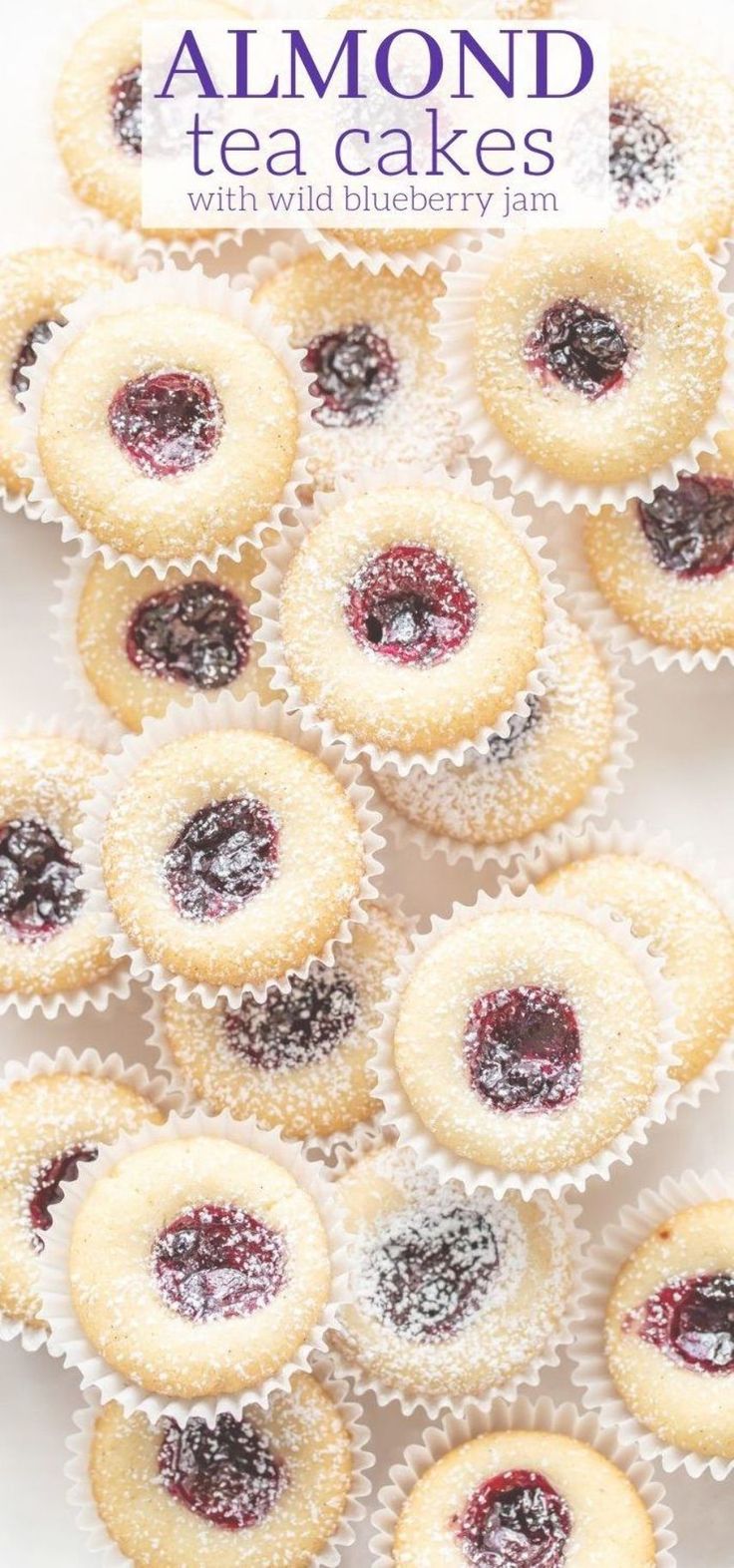 the cover of almond tea cakes with blueberry filling