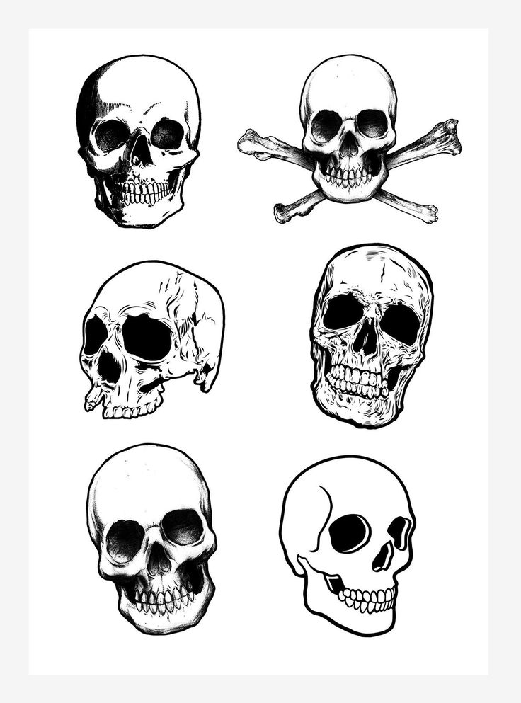 four skulls with bones and crossbones are shown in this black and white drawing