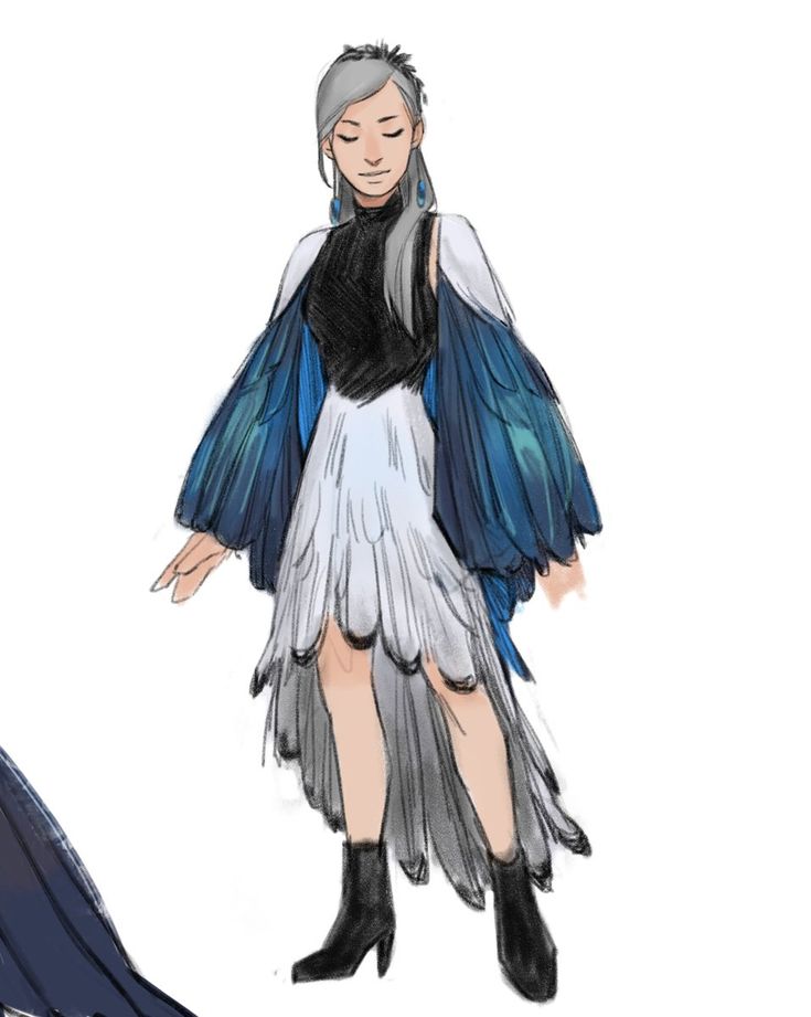 a drawing of a woman with grey hair and blue wings standing next to a bird