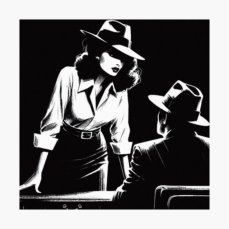 a black and white drawing of a woman sitting next to a man in a hat