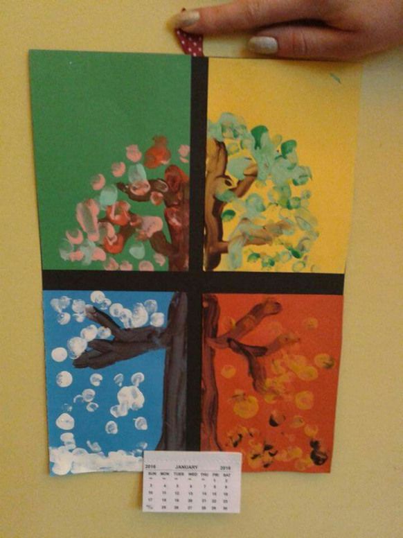 a hand holding a calendar with four different pictures on it and a tree in the middle