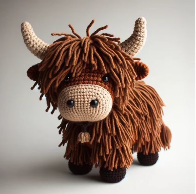 a crocheted stuffed animal with long hair on it's face and horns