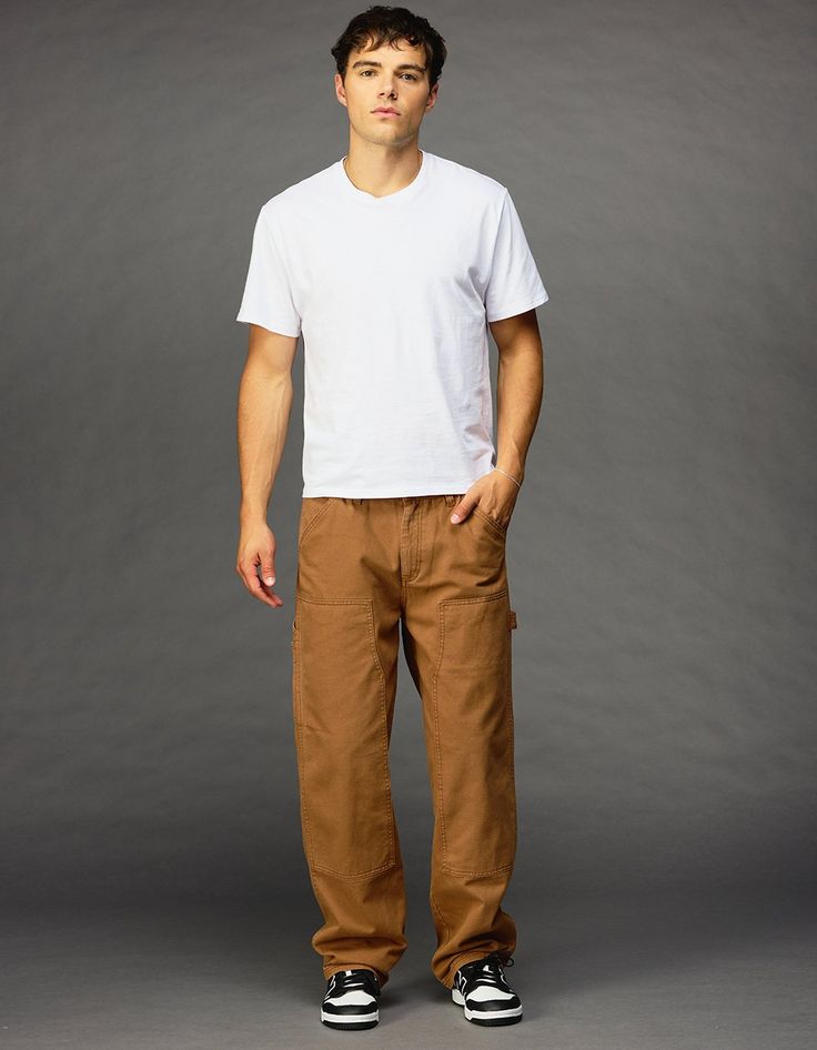 Rsq Straight Twill Utility Pants. Button Waist Paired With Zipper Fly. Double Layer Knee Patches. Slant Pockets With Coin Pocket At Right Front Pocket. Back Patch Pockets. Carpenter Pockets On Right Leg. Hammer Loop On Left Leg. Straight Leg Fit. 100% Cotton. Machine Wash. Imported. Relaxed Fit Overalls With Pockets, Casual Cargo Pants With Button Closure For Work, Casual Work Pants With Button Closure, Brown Relaxed Fit Bottoms With Button Closure, Pants Style For Men, Men’s Pants, Mens Carpenter Pants, Straight Leg Pants Men, Wwe T Shirts