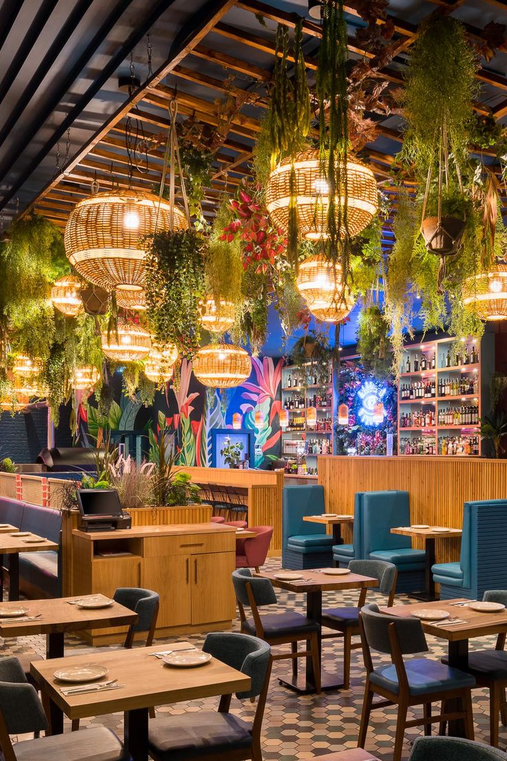 the interior of a restaurant with plants hanging from the ceiling and tables in front of them