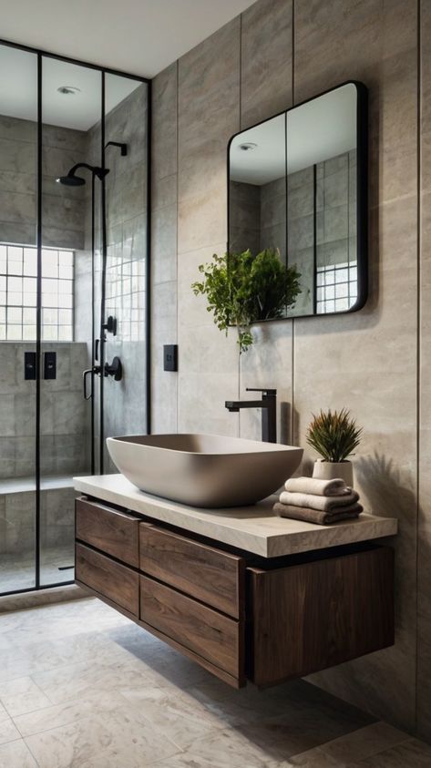 a bathroom with a sink, mirror and shower