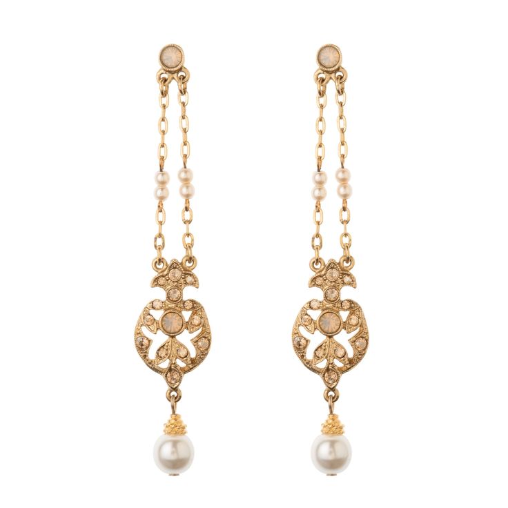 Channel elegance with our Grecia Earrings, adorned with delicate Czech glass pearl accents and shimmering crystals. These drop-down earrings are plated in 24K gold and feature a standard post back. All jewelry is handcrafted and made to order in our New York City design studio. Please allow 7-14 business days for production from the order date. Measurements: 0.6" W x 3" L Gold Pearl Chandelier Earrings For Evenings, Gold-plated Jeweled Bridal Earrings, Gold Bridal Earrings With Pearl Drop For Evening, Gold Pearl Drop Bridal Earrings For Evening, Elegant Gold Chandelier Earrings With Pearl Chain, Gold Bridal Earrings With Pearl Chain, Gold Chandelier Drop Earrings With Pearl Chain, Gold Jeweled Pearl Earrings, Gold Drop Earrings With Pearl Detail