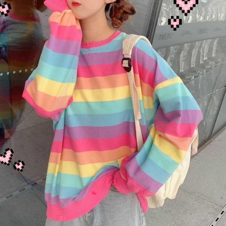 Kawaii Rainbow Pullover Jumper SP14201 – SpreePicky Rainbow Clothes Aesthetic, Cuddle Party, Rainbow Kawaii, Rainbow Clothes, Baggy Sweater, Kawaii Hoodies, Kawaii Sweatshirt, Harajuku Hoodie, Korean Fashion Fall