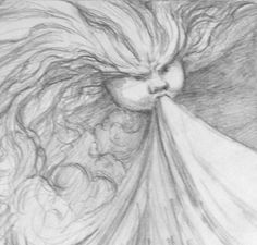 a pencil drawing of a woman's face with her hair blowing in the wind