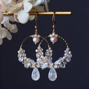 Elegant Handmade Moonstone Jewelry, Artisan Teardrop Wedding Jewelry, Handmade Ethereal Dangle Jewelry, Ethereal Handmade Dangle Jewelry, Moonstone Dangle Wedding Jewelry, Moonstone Dangle Earrings For Wedding, Moonstone Dangle Jewelry For Weddings, Wedding Moonstone Dangle Jewelry, Artisan Wire Wrapped Wedding Jewelry