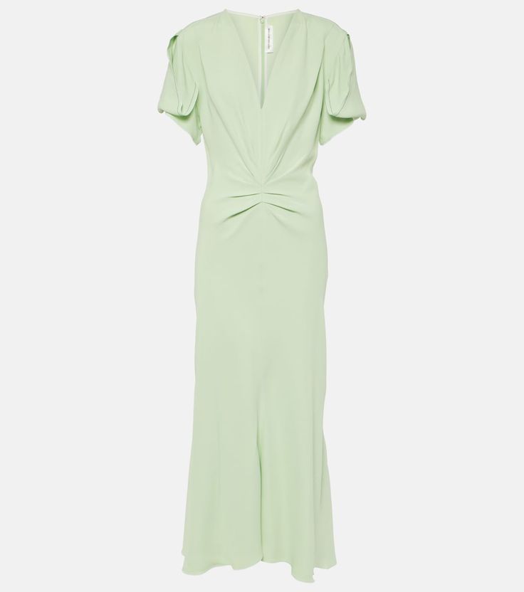 Gathered midi dress in green - Victoria Beckham | Mytheresa Spring Pre-draped V-neck Maxi Dress, Spring Silk Dress With Pre-draped Style, Chic Crepe Maxi Dress, Elegant Summer Crepe Midi Dress, Elegant Rayon Maxi Dress For Daywear, Spring V-neck Dress With Draped Sleeves, Fitted Green Midi Dress With Draped Sleeves, Elegant Rayon Midi Dress For Work, Fitted Crepe Maxi Dress