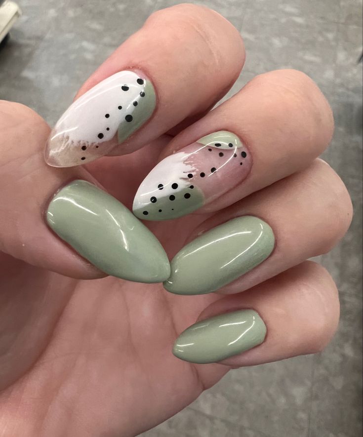 Abstract sage green almond nails Autumn Nails Sage Green, Nail Designs Grey, Sage Green Almond Nails, Green Abstract Nails, Green Almond Nails, Sage Nails, Sage Green Nail, Grad Nails, White Almond Nails