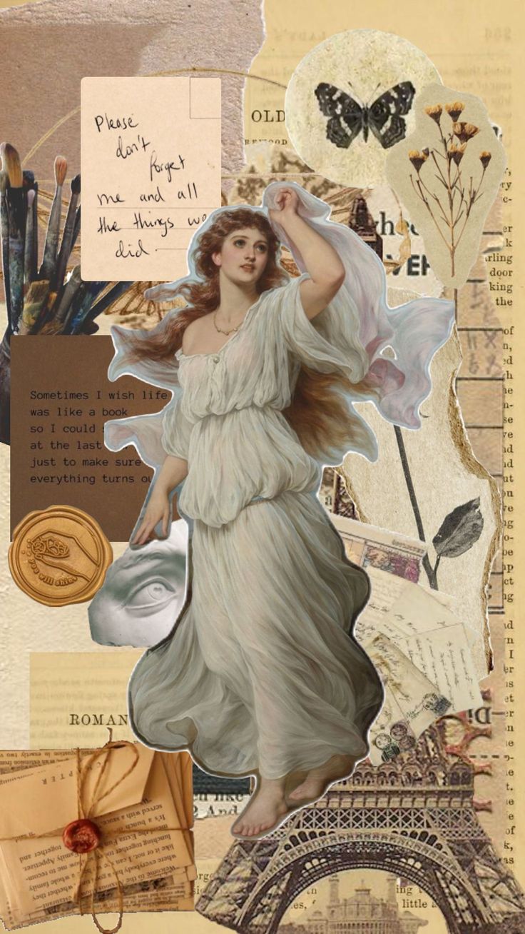 an altered collage with the eiffel tower and woman in white dress on it