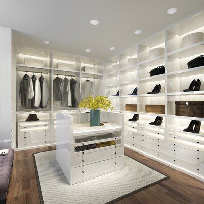 a room with white shelving and shelves filled with shoes