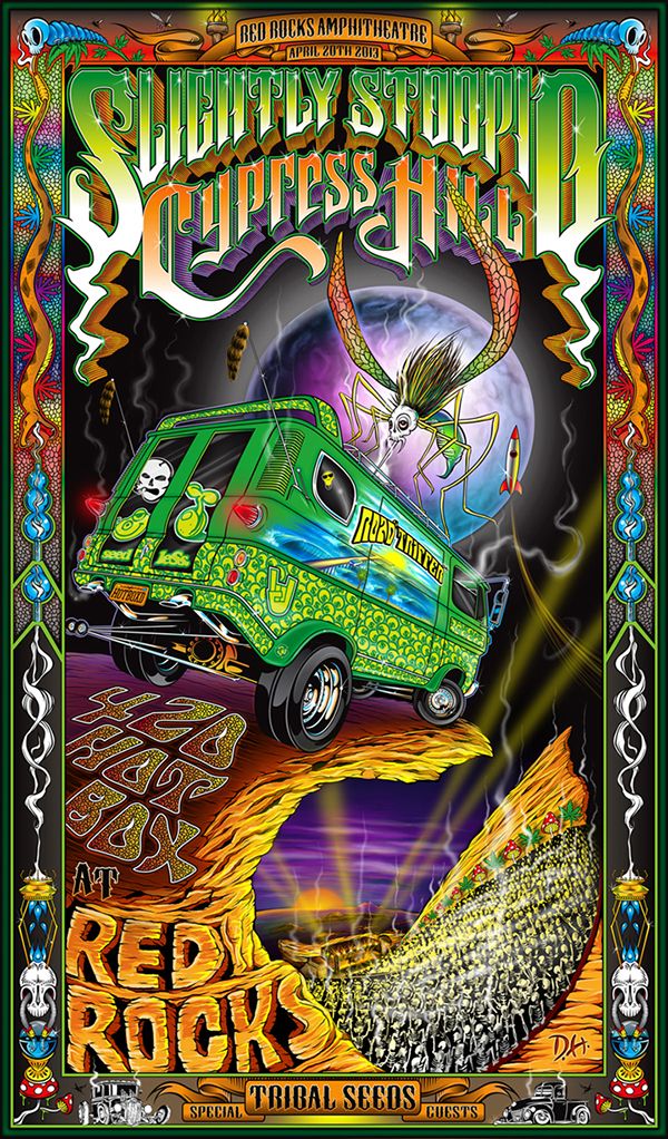 a poster for the red rocks festival with an image of a green van and skull on it